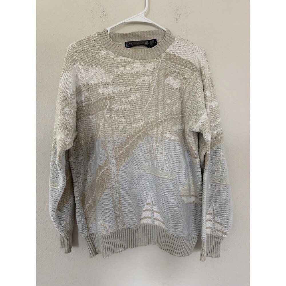 Vintage Crossings Sail Boat Cotton Knit Sweater M Coastal Nautical Heritage Twee